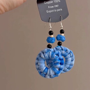 蓝色扎染布艺编织耳钩度假风小众女民族个性 小众民族风巨显白耳饰