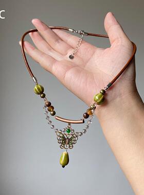 重工复古蝴蝶花朵吊坠项链独特女