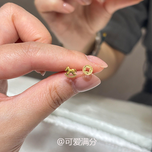 马上有钱金色碎碎冰小马驹钱币耳钉新中式 本命年气质简约耳饰 时尚
