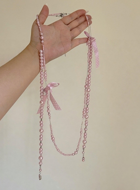 甜美波点蝴蝶结粉仿珍珠长款项链