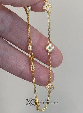 复古金色微镶仿锆石四叶花手链女