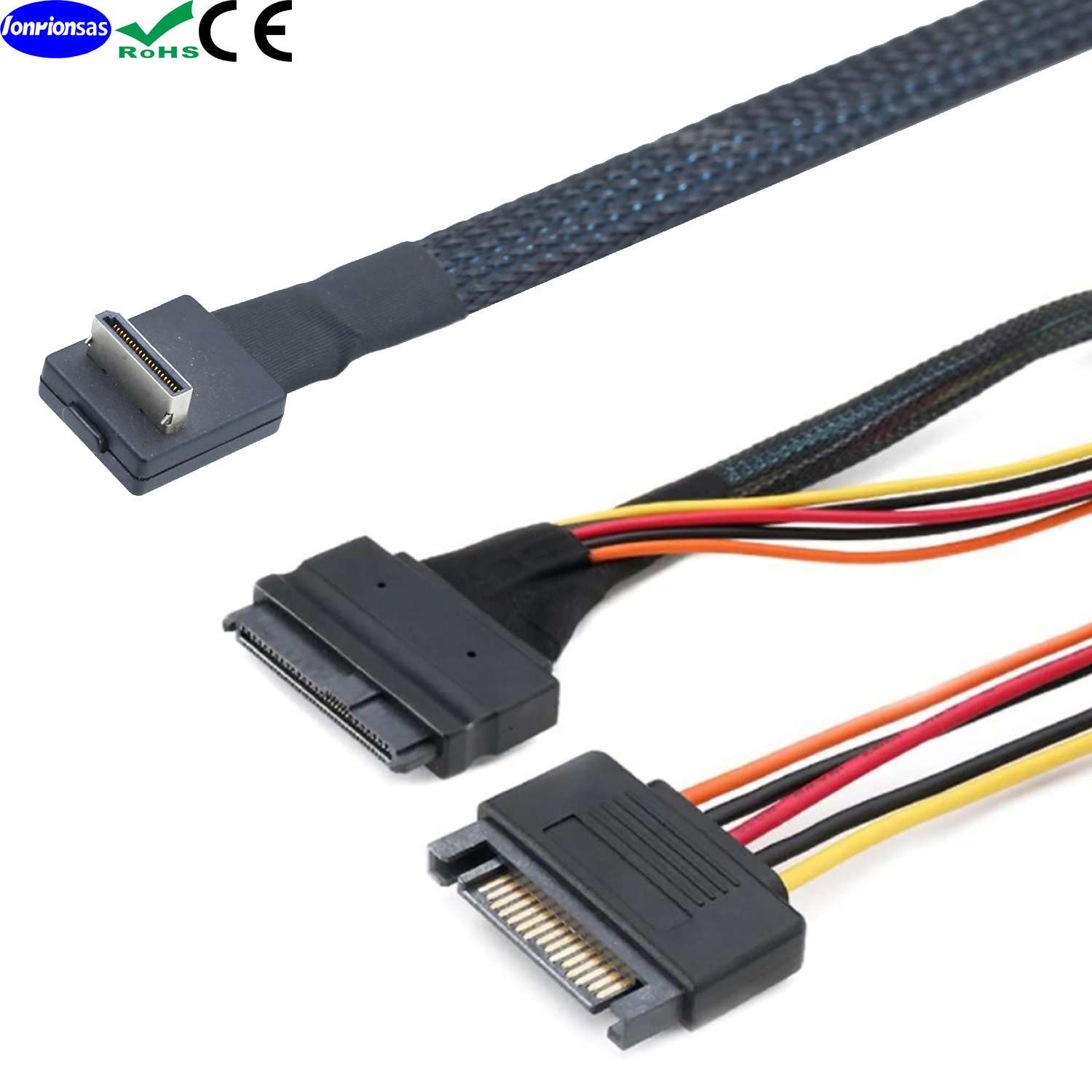 PCIE Oculink SFF 8611 4I 90度转U.2 SAS SFF 8639+15P SATA线束