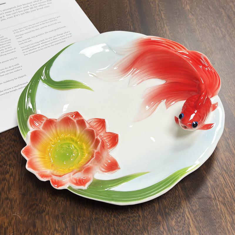 新款陶瓷饺子盘家用带醋碟釉下彩金鱼餐具蒸鱼盘薯条盘寿司水饺盘