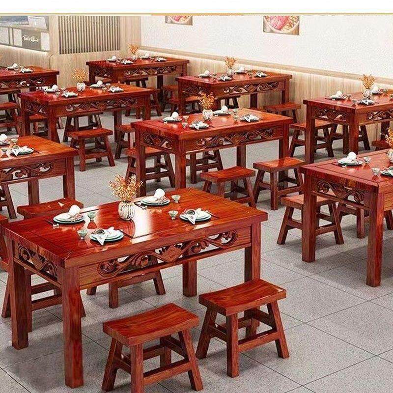 实木饭店餐桌椅面馆桌椅组合小吃店复古雕花早餐餐桌火锅烧烤碳化