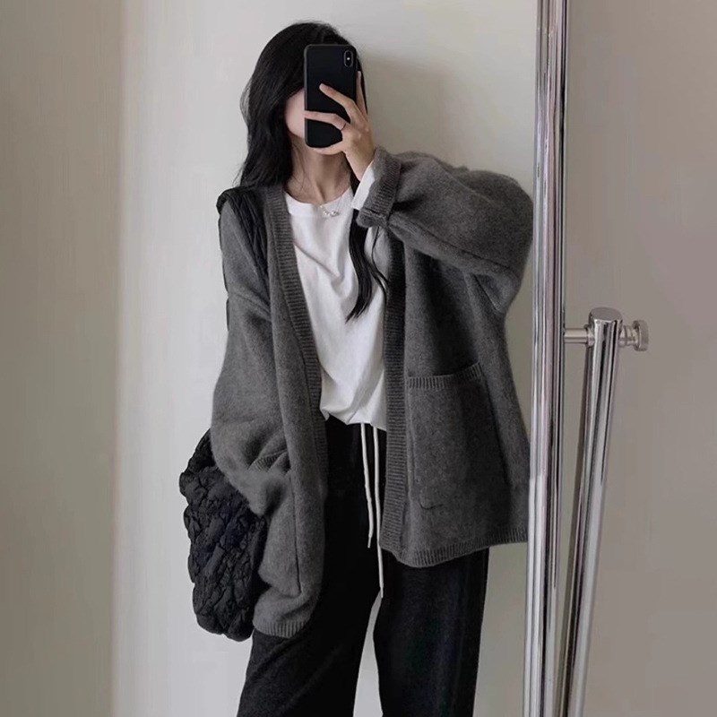 慵懒风灰色毛衣开l衫女2025春秋冬款感百搭休闲上衣潮