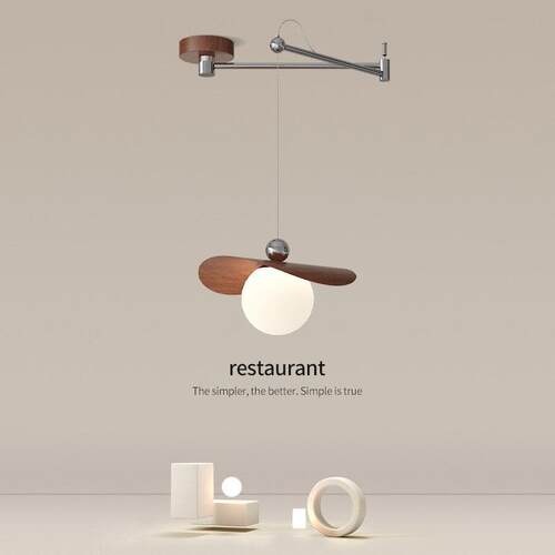 可位移餐厅灯奶油风餐桌中古风简约包豪斯创意摇臂木纹色飞碟吊灯