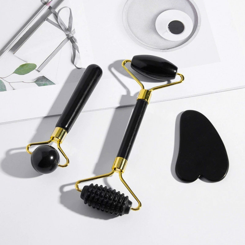 玉石刮痧板面部美容专用滚轮按摩器刮痧板三件套黑色面部按摩滚轮