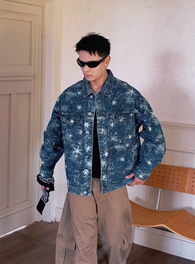 巴黎潮牌美式复古星星印花牛仔外套男宽松潮流夹克高级感泼墨外套