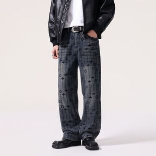 美式复古提花植绒刺绣牛仔裤男冬季宽松直筒裤高街潮牌痞帅长裤