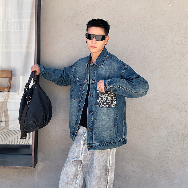 巴黎潮牌美式复古设计感刺绣口袋牛仔外套男宽松工装夹克时尚百搭,男装,牛仔外套,淘宝优惠券,粉丝福利购,淘宝优惠卷