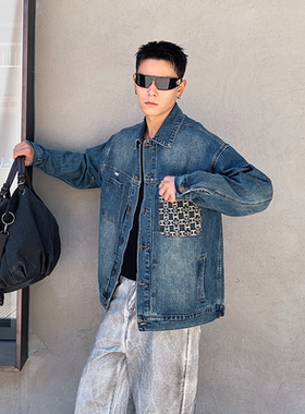 巴黎潮牌美式复古设计感刺绣口袋牛仔外套男宽松工装夹克时尚百搭