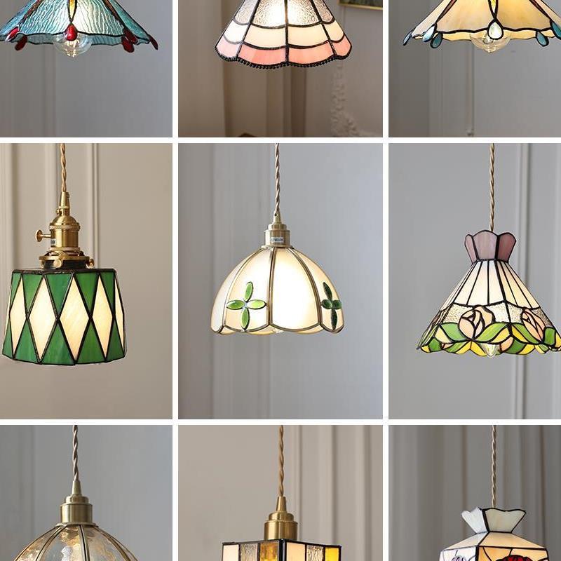 复古黄铜纯手工焊锡灯美式风格床头过道餐厅咖啡厅彩色玻璃小吊灯