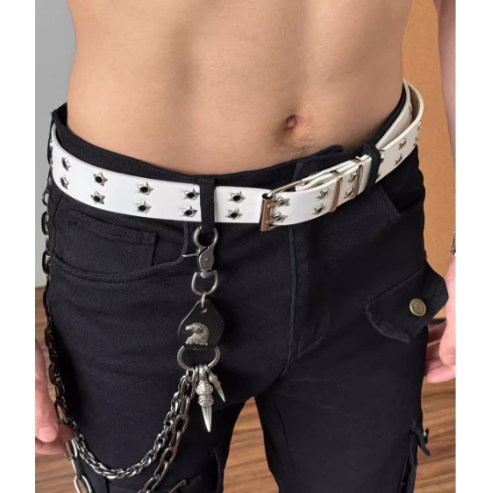 双排星星铆钉白色腰带男美式高街裤子配饰复古牛仔裤皮带裤带扣带