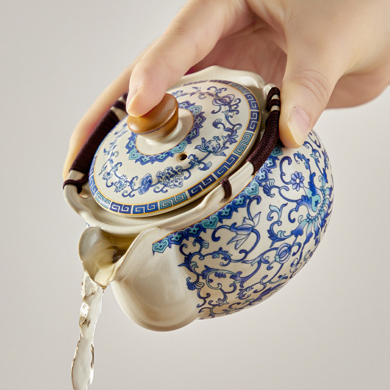 文白青花汝窑手抓壶高档盖碗泡茶壶陶瓷防烫单壶带盖子家用功夫茶