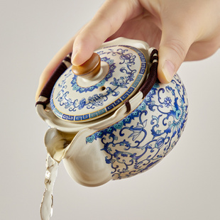 文白青花汝窑手抓壶高档盖碗泡茶壶陶瓷防烫单壶带盖子家用功夫茶