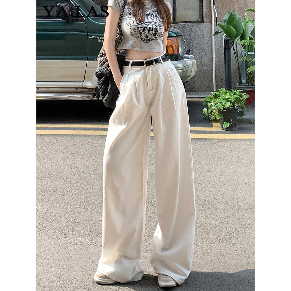 美式白色阔腿牛仔裤女2025秋新款高腰显瘦宽松褶皱慵懒垂感直筒裤