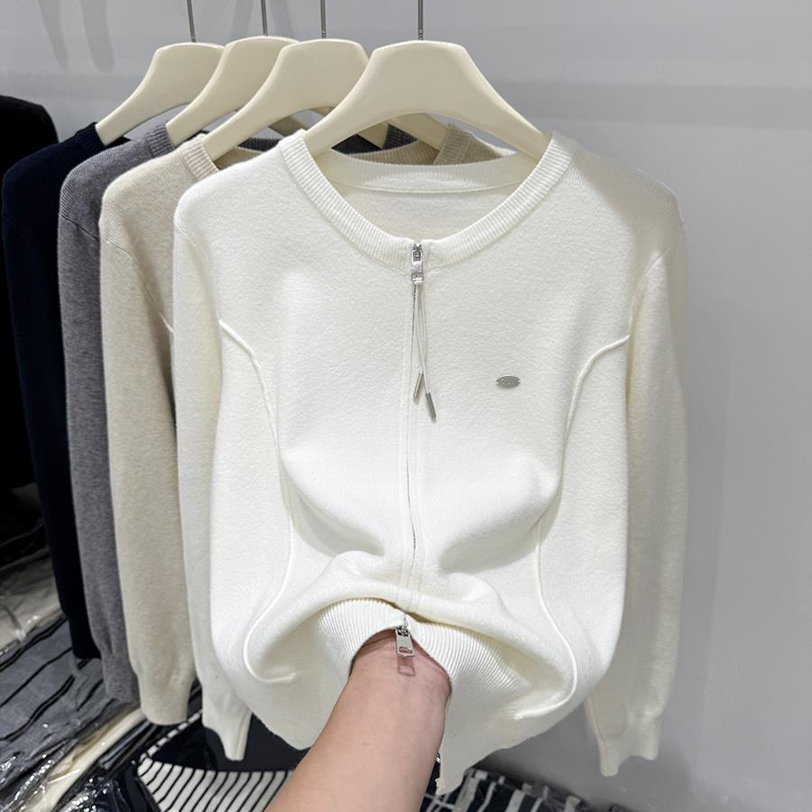 四季青2025早秋新款圆领双拉链柔软长袖针织开衫女时尚休闲上衣潮