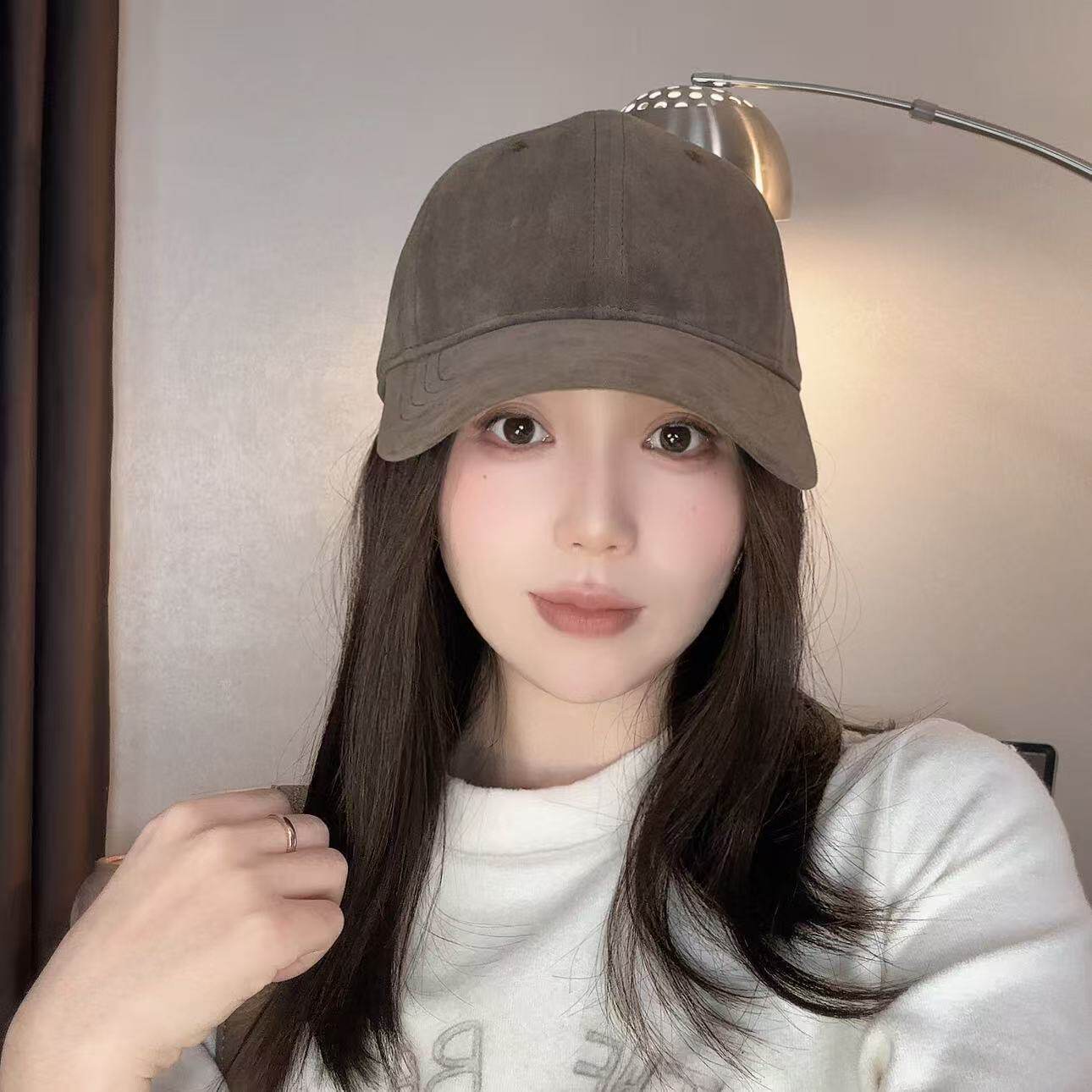 翻毛皮高级日系复古时尚纯色显脸小气质百搭款棒球帽大头围