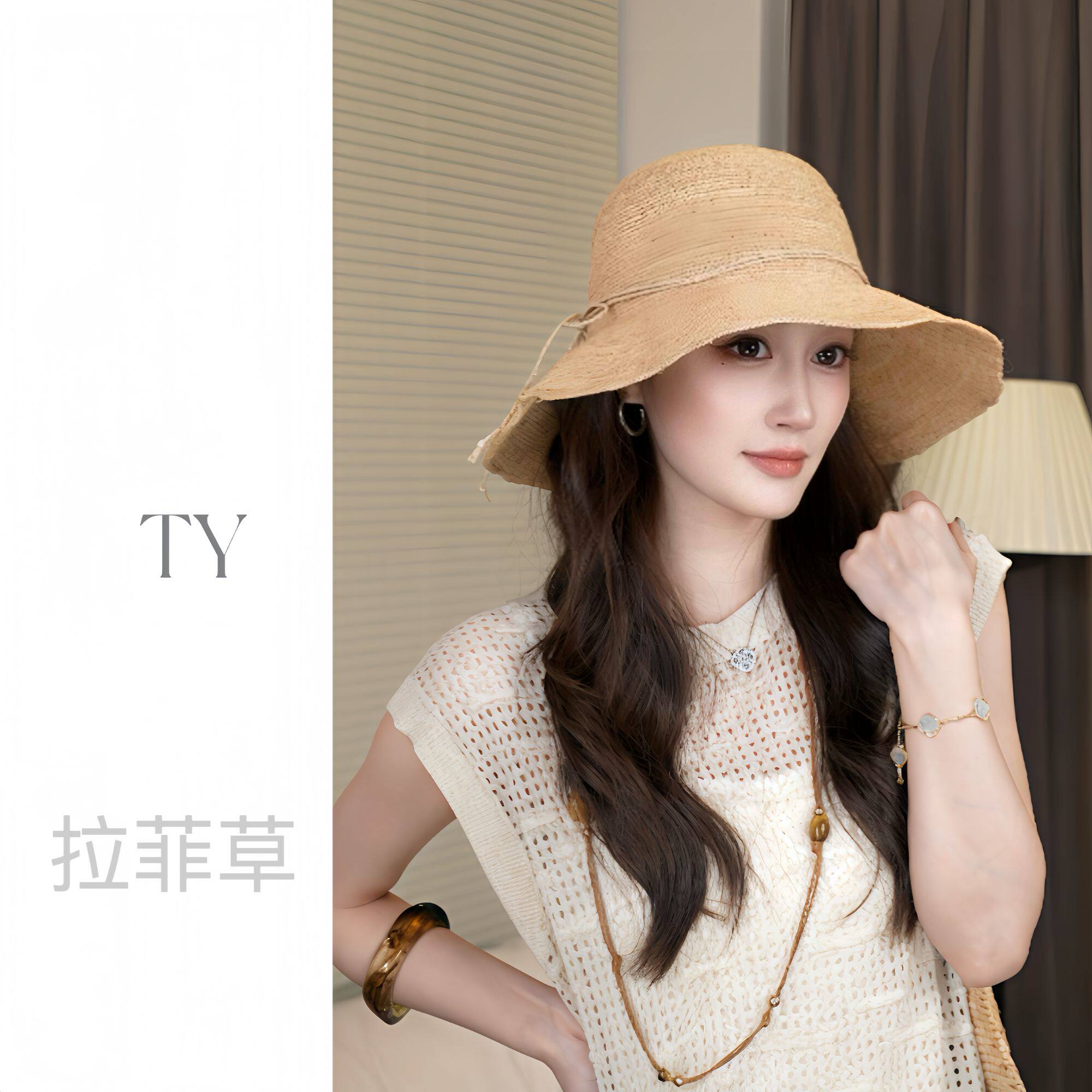 出口高品质拉菲草女帽手工纯天然草编大帽檐海边沙滩凹造型渔夫帽