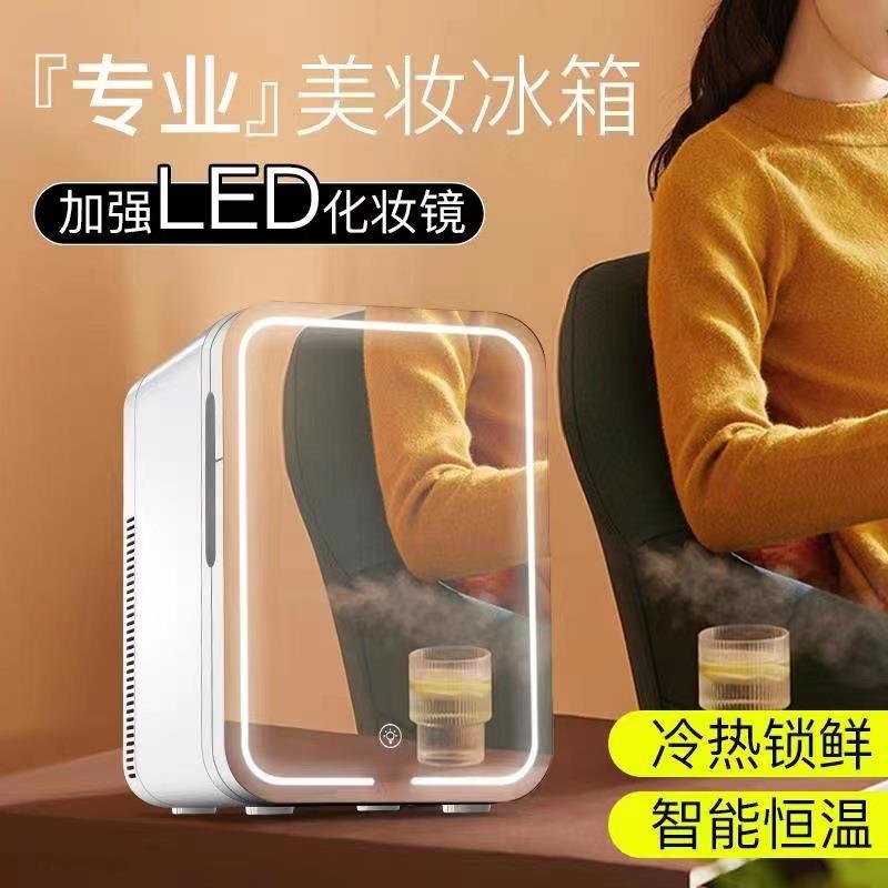 跨境欧美10L镜面带LED灯化妆品美妆迷你台式电冰箱车家两用