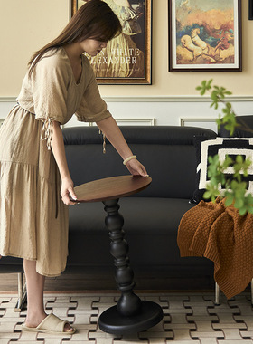 法式实木边几小户型家用客厅沙发角几创意床头小桌子中古风圆茶几