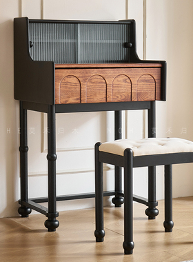 法式复古梳妆台实木梳妆台黑色卧室化妆桌梳妆桌床头柜化妆台