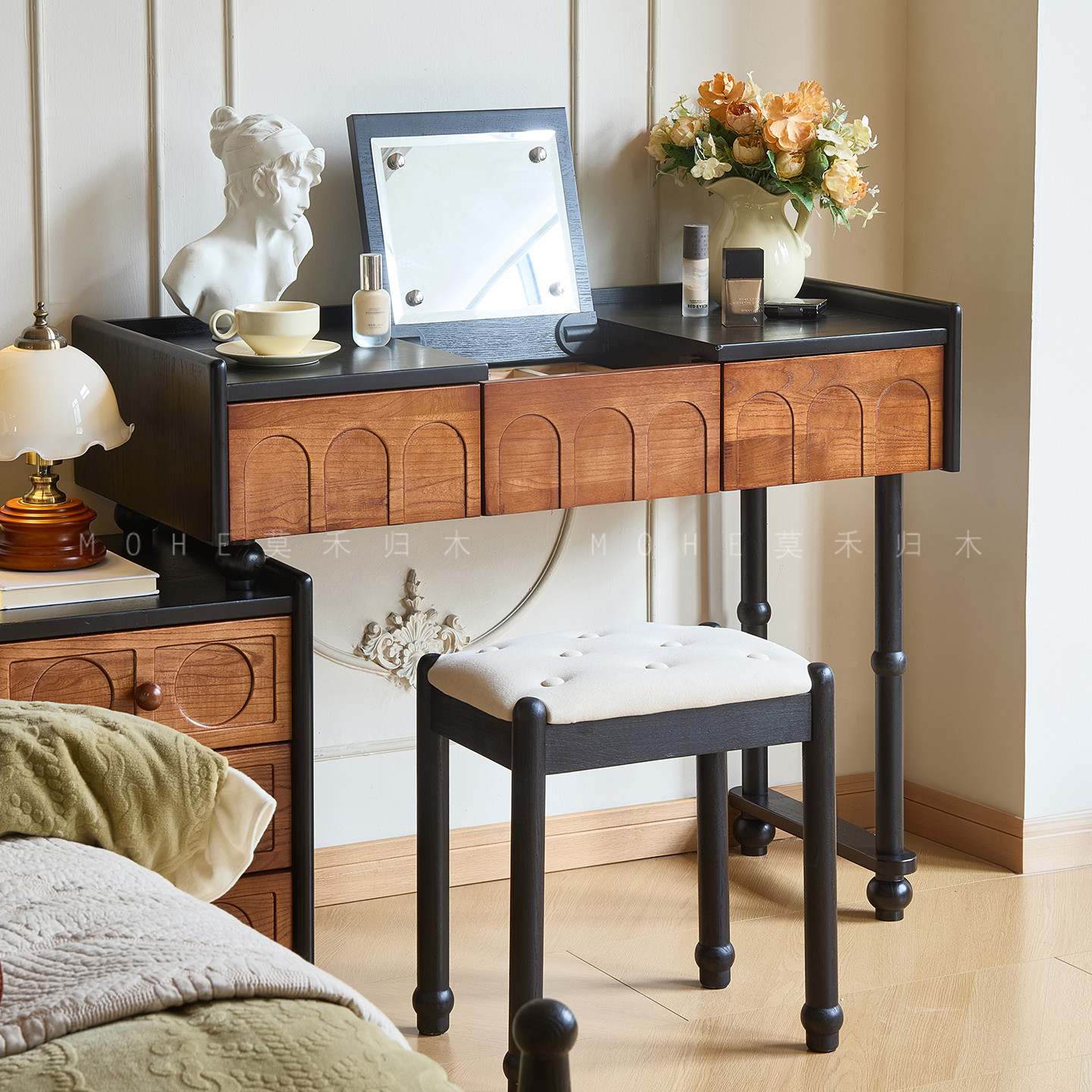 法式复古风白蜡木实木梳妆台斗柜一体卧室小户型床边中古化妆台,住宅家具,梳妆台/桌,淘宝优惠券,粉丝福利购,淘宝优惠卷