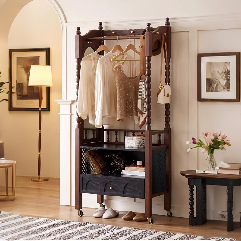 法式实木落地衣帽架卧室立柱式可移动金属衣架收纳置物架