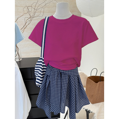 树莓色正肩圆领修身T恤女夏季