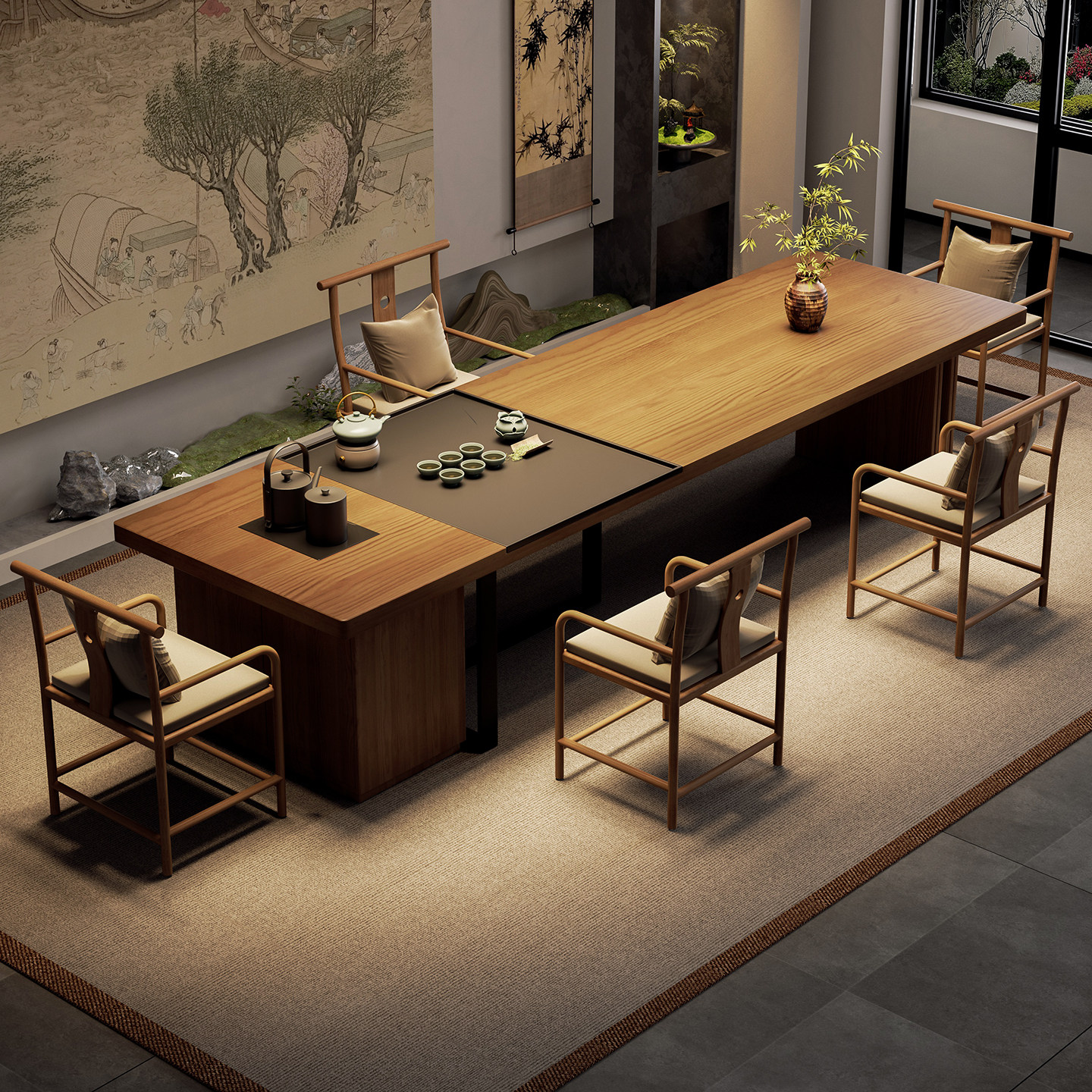 宋代美学客厅大长书桌茶桌一体办公桌泡茶桌实木中古风国学画桌