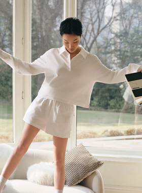 SerOra 白色Polo衫女翻领双层拼接修身短款长袖上衣冬亲肤弹力棉