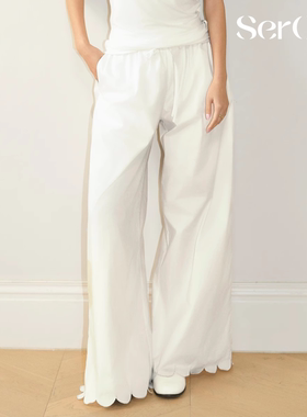 SerOra 高腰刺绣直筒裤松紧双腰头拼接撞色宽松垂感休闲阔腿裤女
