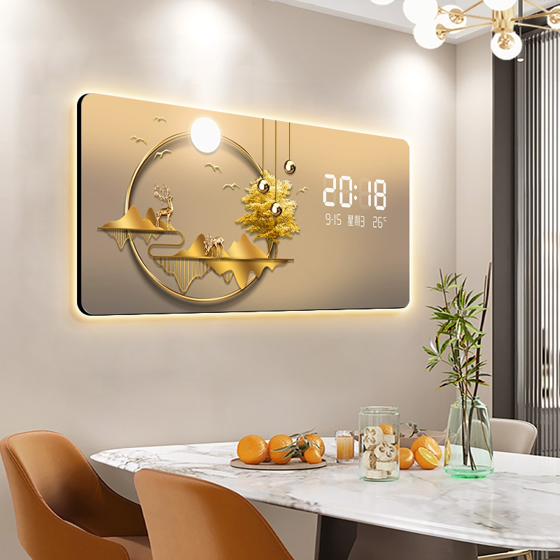 发财树餐厅插电高级万年历2025新款招财麋鹿客厅led电子钟表挂墙
