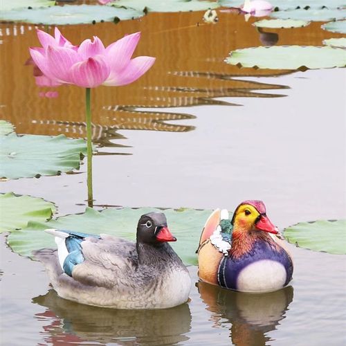 浮水鸳鸯连体大小一对摆件花园庭院客厅流水喷泉鱼缸树脂动物装饰