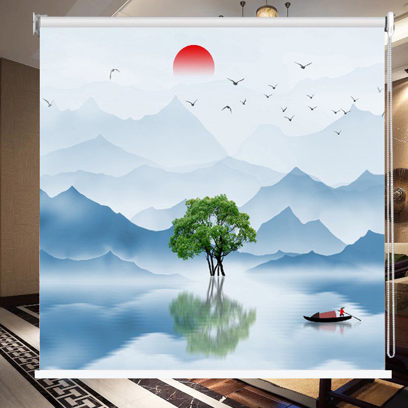 卷帘定做意境山水画客厅办公室书房卧室遮光隔热升降隔断背景窗帘