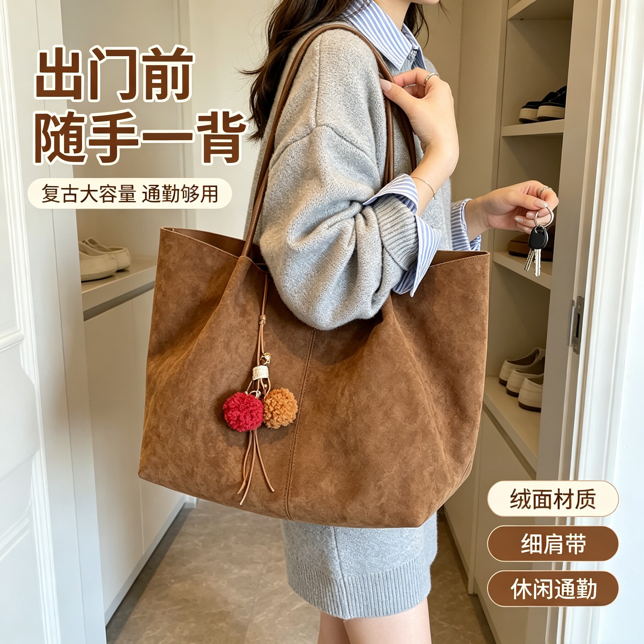 复古麂皮托特包女秋冬大容量通勤单肩包软质百搭简约手提上课大包