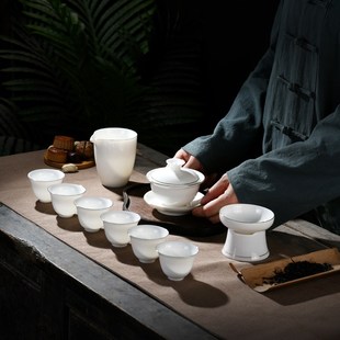 家用纯白色上釉泡茶盖碗茶壶茶杯套装 德化羊脂玉白瓷功夫茶具套装