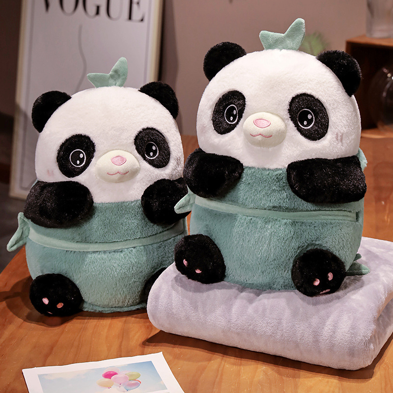 卡通竹筒熊猫抱枕被子两用办公室女生睡觉午休枕头毯子二合一车用