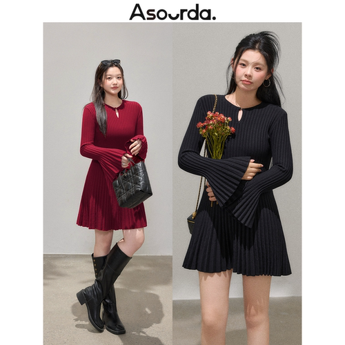 秋季大码收腰修身黑色针织连衣裙