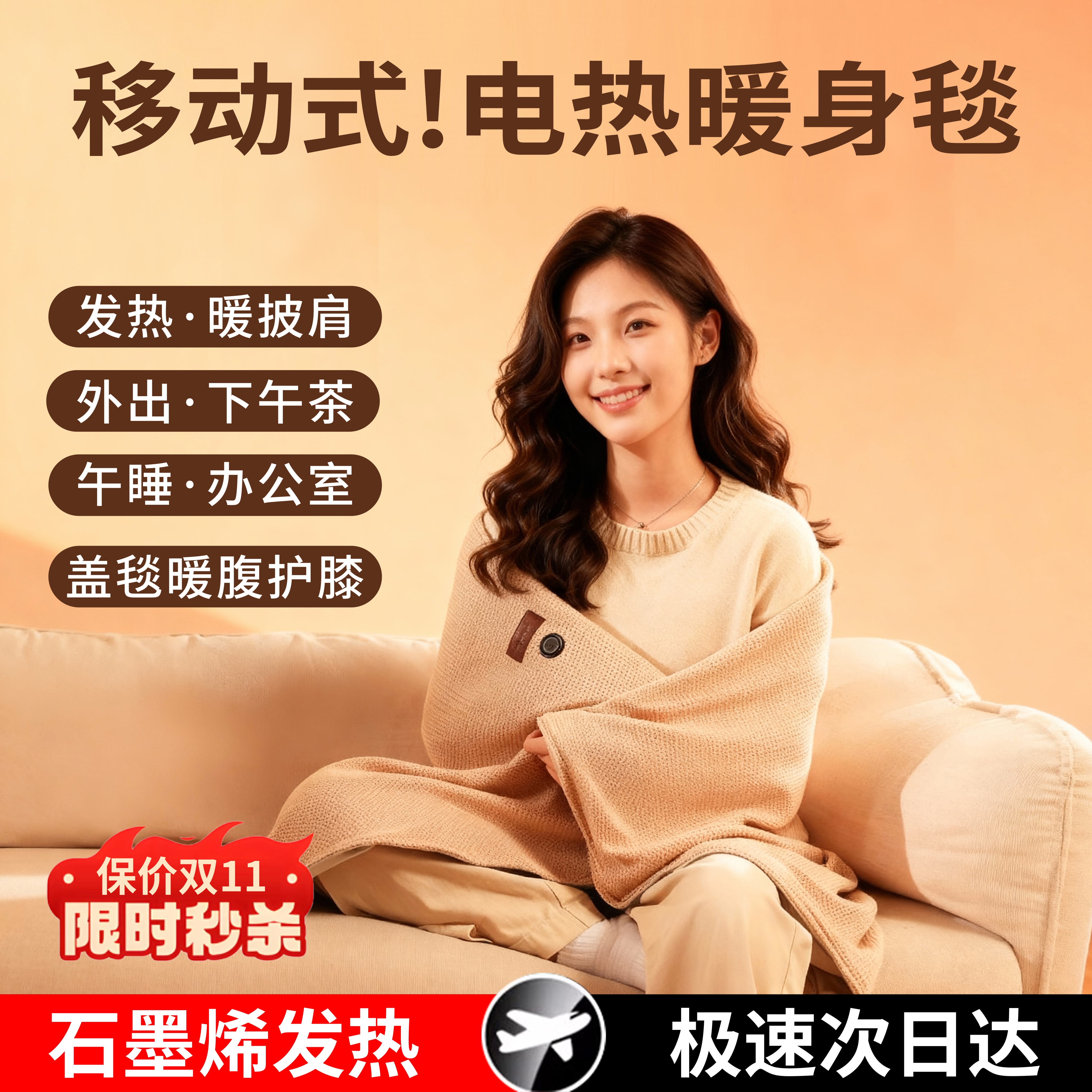 加热披肩发热暖身毯家用办公室午休盖腿电褥子户外便携保暖电热毯