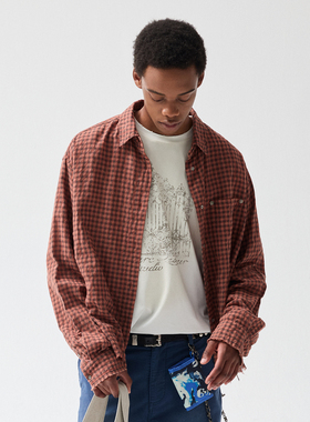Azure Lisseur cortis风镀银扣红色格子衬衫秋纯棉慵懒风衬衣外套