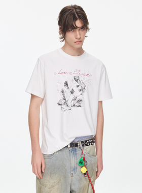 Azure Lisseur 进口匹马棉复古做旧印花短袖白色纯棉T恤Tee男女AL