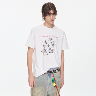 白色纯棉T恤Tee男女AL 进口匹马棉复古做旧印花短袖 Azure Lisseur