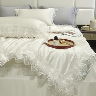 空调薄被子 轻奢风蕾丝花边双面100支天丝夏凉被四件套纯色夏季