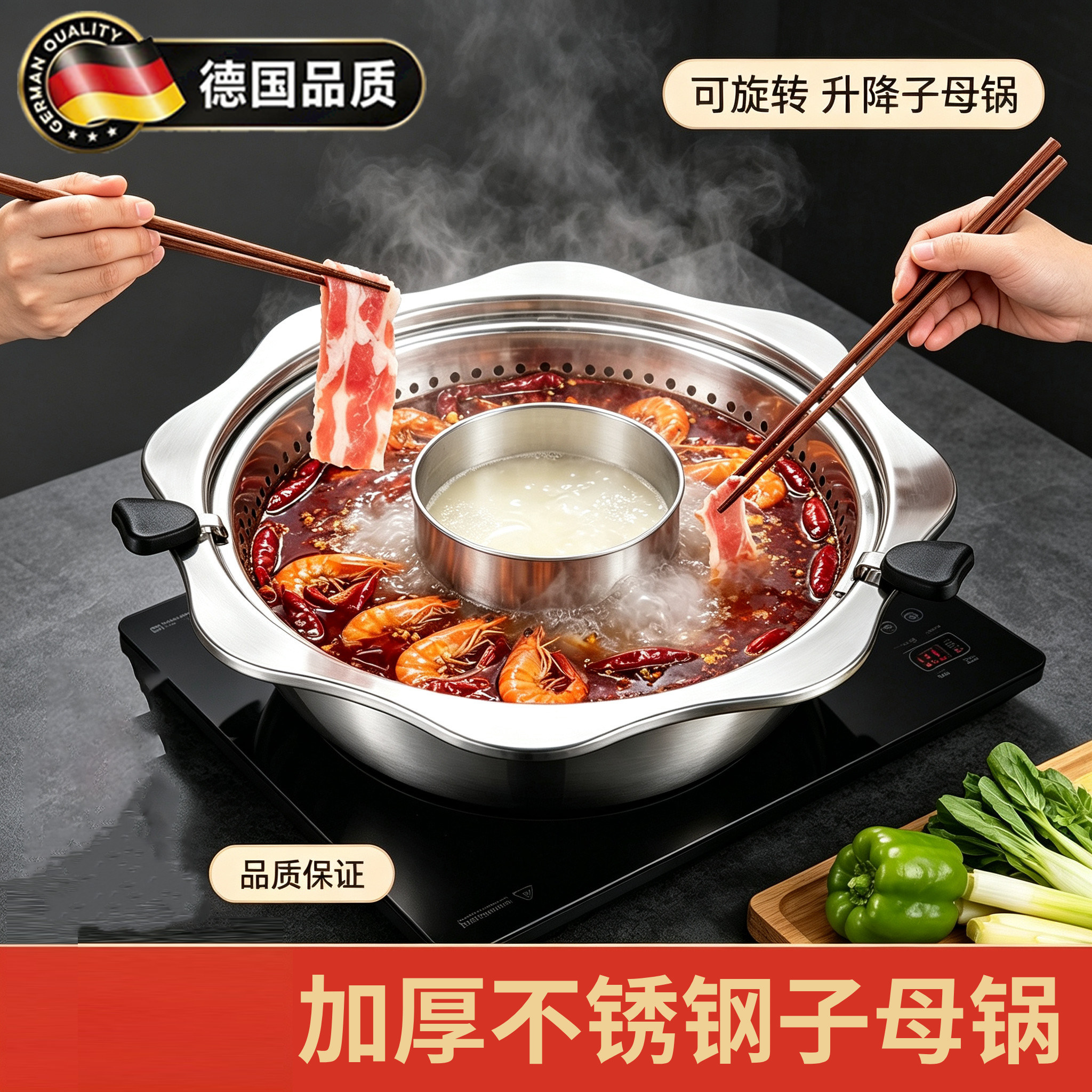 德国旋转式自动升降火锅锅鸳鸯子母锅商涮锅双味锅电磁炉明火