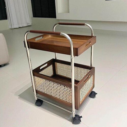中古实木边几可移动小推车沙发边柜置物柜客厅茶水架高级藤编侘寂