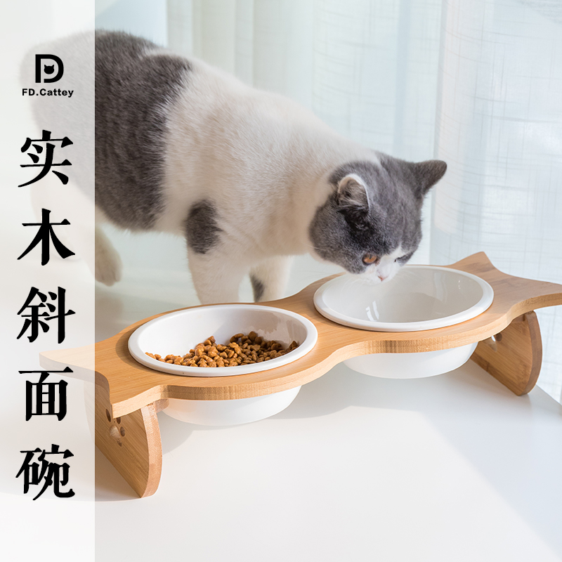 猫碗双碗猫食盆竹制架陶瓷猫饭盆饮水不锈钢猫粮碗狗碗盆猫咪用品
