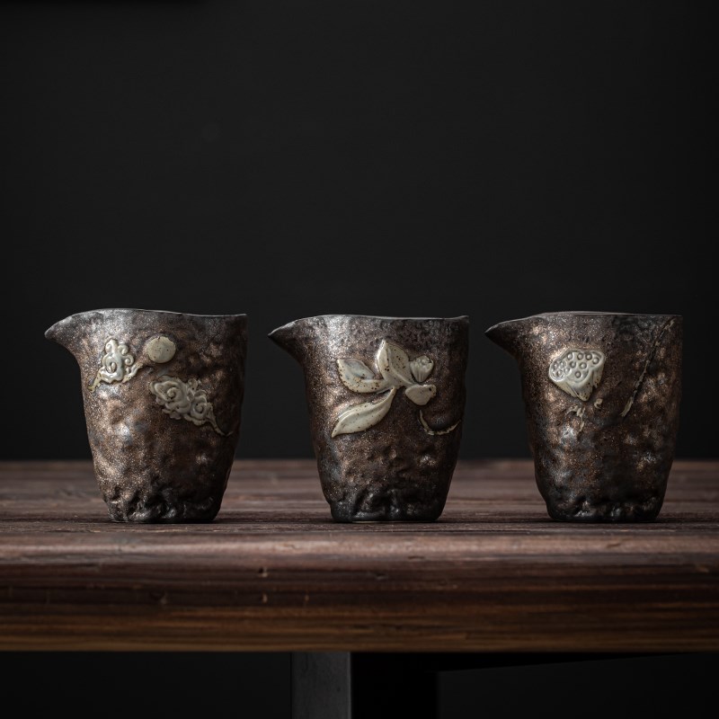 禅莲公道杯 陶瓷分茶器粗陶手工鎏金茶海大号中式仿古茶具匀茶杯