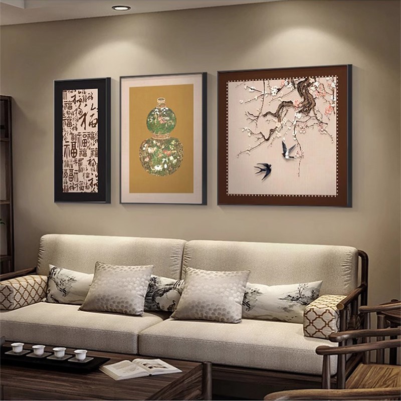 中古风客厅组合装饰画葫芦花鸟三联墙壁画2024新款沙发背景墙挂画图片