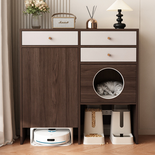 定制ENF级实木猫窝柜靠墙一体宠物柜室内猫别墅扫地机器人置物柜